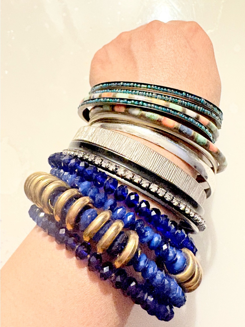 Stackable Blue Bead and Mixed Metal Bracelet Set of 12 NWOT